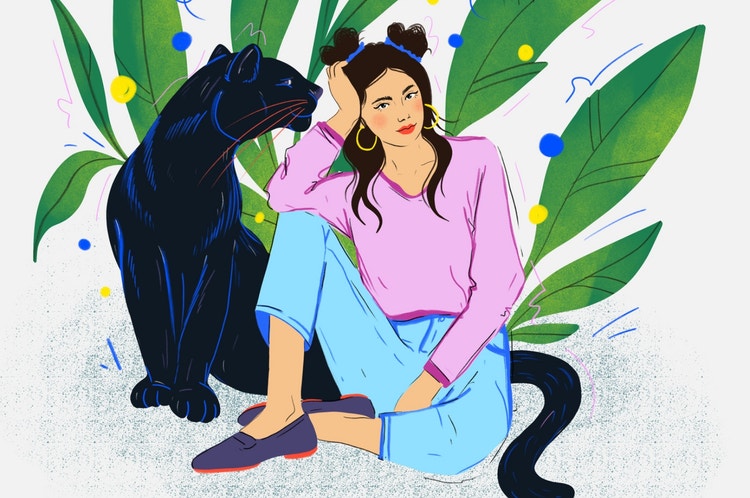 girl with plants and panther