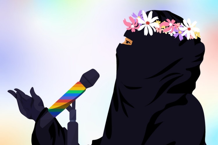 Arab woman in burqa speaking pride activism rally