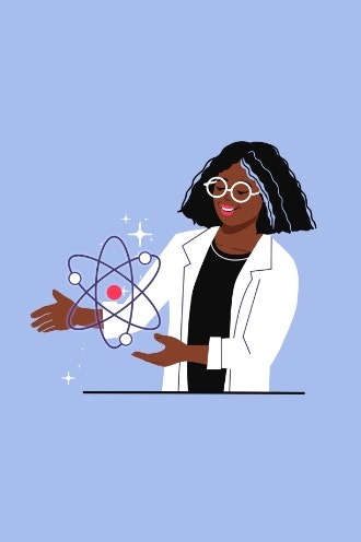 Physicist with atom. Female scientist doing research. Particles, quantum physics study.