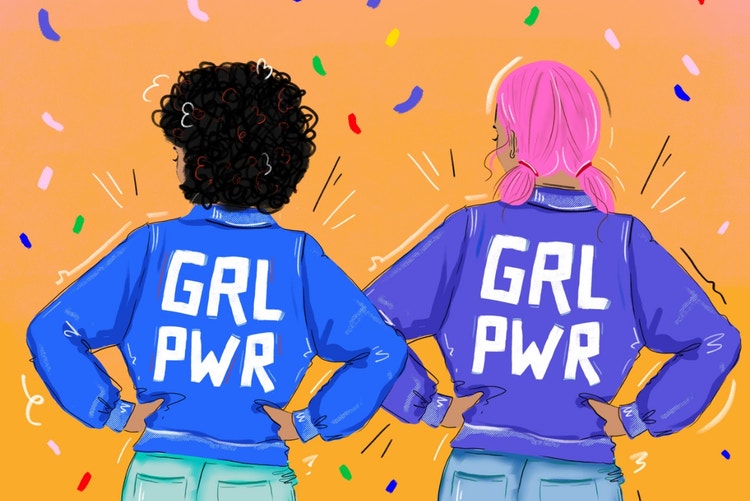 two girls wearing a girl power jacket