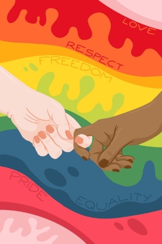 Hands holding on to each other in front of a rainbow background