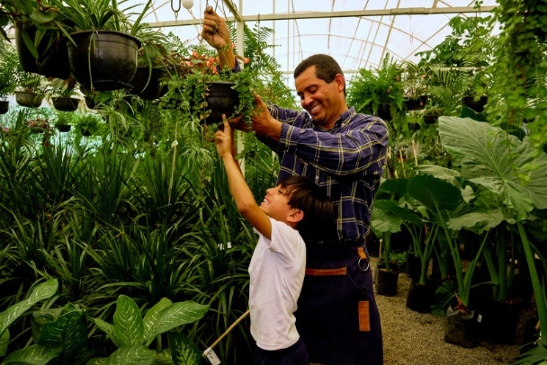 cheerful latinx Mexican middle aged father and young children son gardener working together in a greenhouse