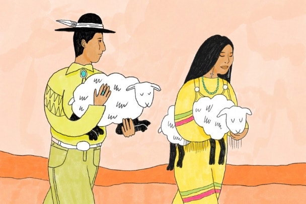 man and woman taking care of sheep