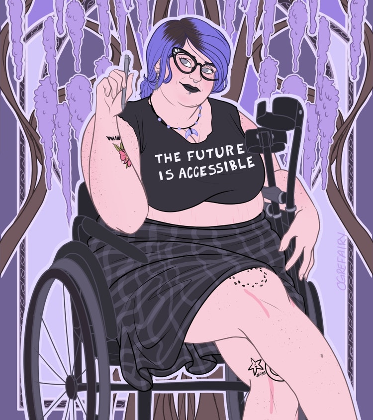 A digital portrait depicting a fat white woman with blue/purple dyed hair pulled back into a ponytail. She is wearing a crop top that reads "The Future Is Accessible" and a black plaid skirt. She is holding up a pen in her right hand while sitting in a wheelchair and holding a pair of forearm crutches. The background is a blue/purple and art nouveau inspired with vining purple wisteria flowers.