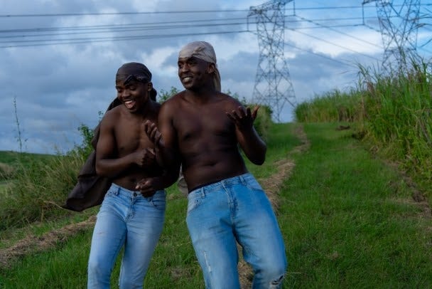 Young men playing in cane field