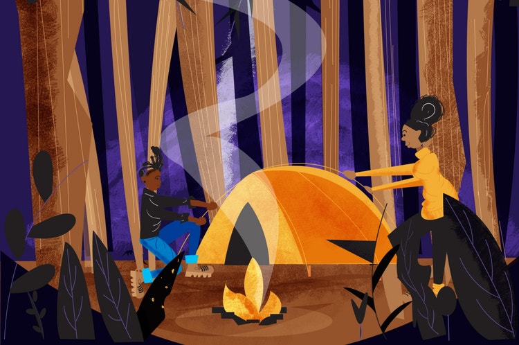 Illustration of gay couple camping at night