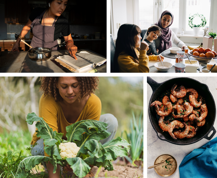 Grid of 4 photos. 1: Woman looking at old recipe book and cooking. 2: Smiling mother talking to children while having breakfast at dining table. 3: Woman with freckle picking cauliflower in vegetable garden. 4: Barbeque shrimp in cast iron skillet on white table.