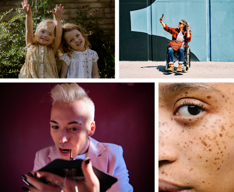 4 Images in a Grid. 1: Twin girls with Down Syndrome sitting next to each other while throwing hands in the air. 2: Woman with disability in wheelchair taking selfie on smartphone. 3:Young blond haired transgender male looking at mirror and applying blush on cheek in room with pink interior. 4: Close up portrait of girl with freckles.