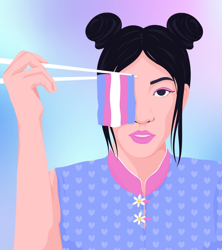 Asian youth holding transgender flag with chopsticks