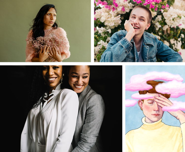 Grid of four images, clockwise from top left: portrait of Latinx trans model, photo of nonbinary person smiling with hand over face, lesbian couple smiling with their arms around each other, illustration of a nonbinary person with hand over face and surreal pink clouds behind them