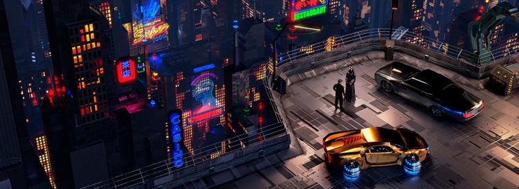 Futuristic cyberpunk digital 3D illustration. High angle night scene on rooftop overlooking metropolitan city. Two figures stand by sports cars.
