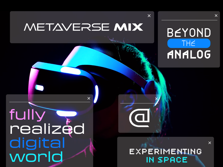 Font Pack composition poster for Metaverse Mix. Neon lights illuminate head in VR headset against black backdrop. Text in various contemporary fonts: beyond the analog; fully realized digital world; experimenting in space; @.
