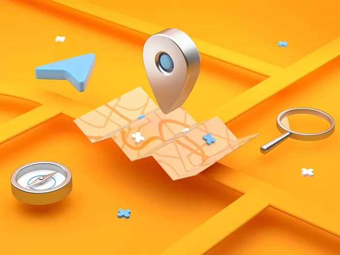 Map pointer, Locator mark of map, navigation compass icon sign on yellow background with search concept. 3D rendering.