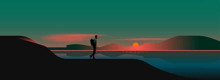 Simple vector illustration. Green sky and gradient sunset tones. Man walks down mountainside with backpack.