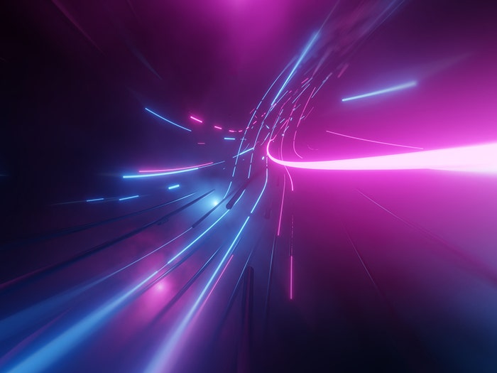 Abstract neon lights in motion create path. Modern digital technology aesthetic in blue, pink, purple.