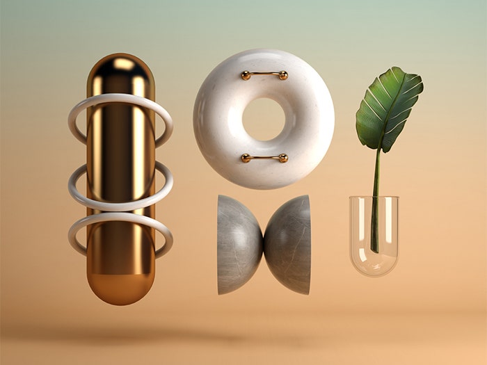 Abstract surrealism art 3D rendering. Modern naturals objects with rounded shapes on orange green gradient.