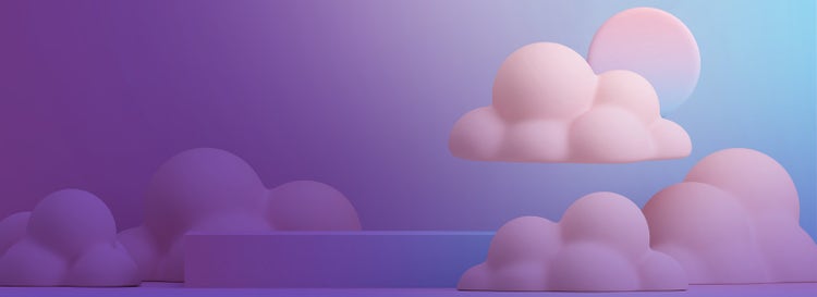 Blue purple gradient set with rectangle podium. 3D render art style pink cloud scene.