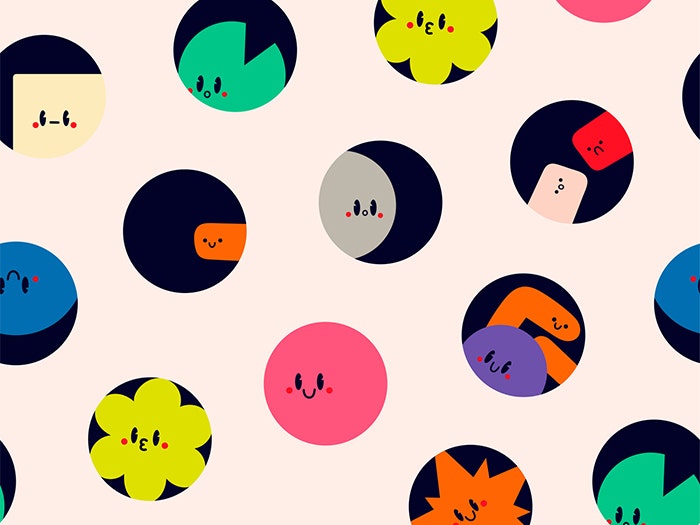 Cartoon geometric shapes with faces peek out of holes in pink foreground wall.