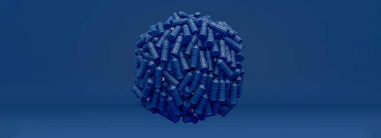 Art digital rendering in blue. Blue plastic canisters attach to 3D ball, forming floating sphere.