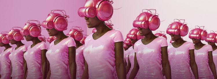 Crowd of clones of woman in pink with VR virtual reality helmet with goggles in front of pink backdrop.