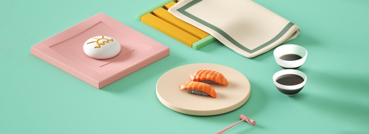 Nigiri salmon sushi with colorful minimal cutlery arrangement. 3D Rendering on mint backdrop.