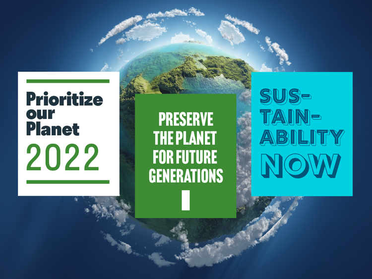 Composition poster for Adobe Prioritize Our Planet Font Pack. Text in various fonts: "Prioritize our Planet 2022; preserve the planet for future generation; sustainability now".