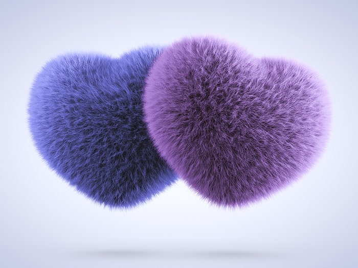 3D CGI style digital art of purple and pink fluffy hearts in closeup with white backdrop.