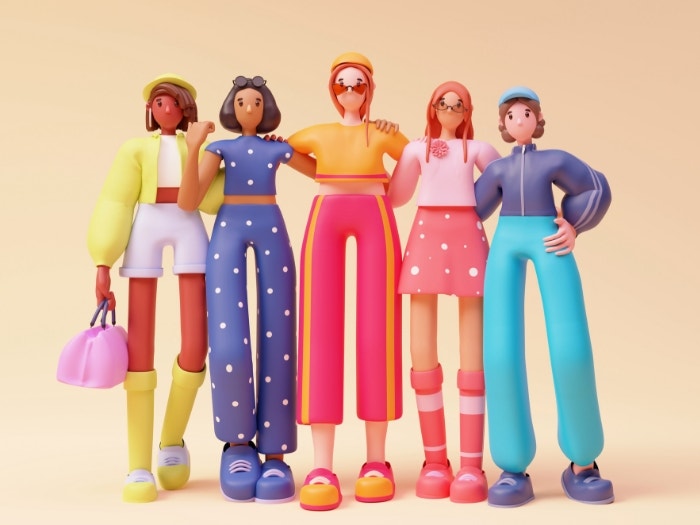 3D cartoon style in pop colours on peach backdrop. Five young girl dolls stand in casual trendy clothes.