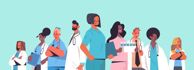 Pastel graphic illustration of diverse healthcare workers against blue backdrop.