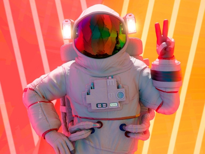 Portrait of astronaut in suit posing peace sign against neon pop red and orange striped background.