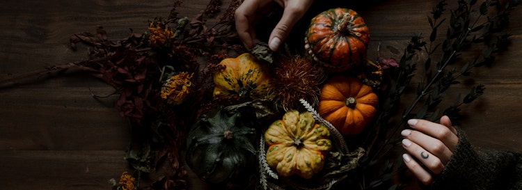 Moody overhead shot of hands arranging fall decoration (pumpkins and fall flora).
