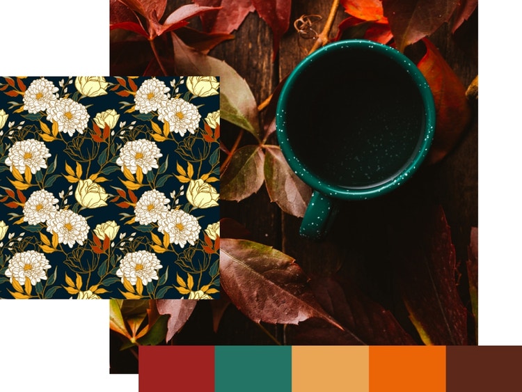 Composition image; saturated deeper fall tones. Left: illustration of fall florals, chrysanthemums. Right: dark green mug set on autumn leaves on ground. Bottom: color palette tiles (carnelion, pine, golden yellow, orange, cocoa).