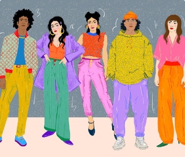 Illustration, hand-drawn style, pop colours. 5 teenagers pose in bright casual clothes.