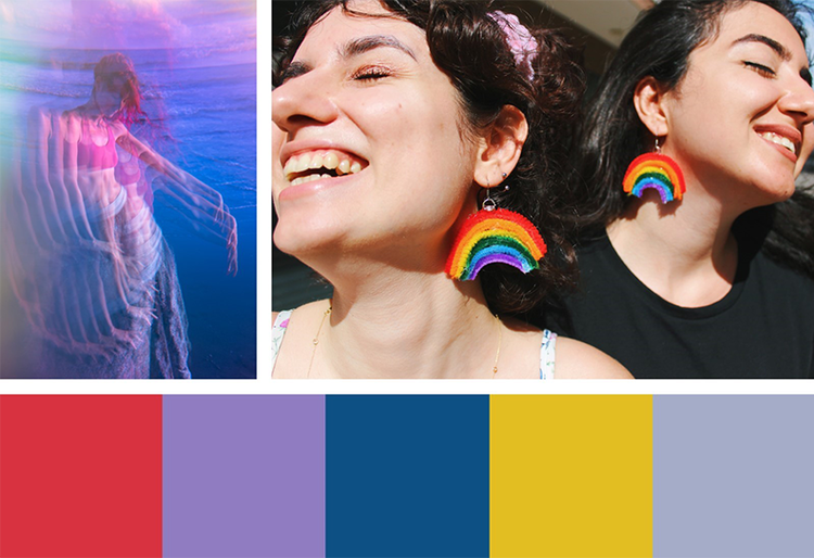 Image grid. Left: blurred neon figure dances in contemporary clothes. Right: closeup portrait of two girls laughing, wearing rainbow shaped earrings. Bottom: color palette tiles (red, lilac, navy, yellow, heather grey).