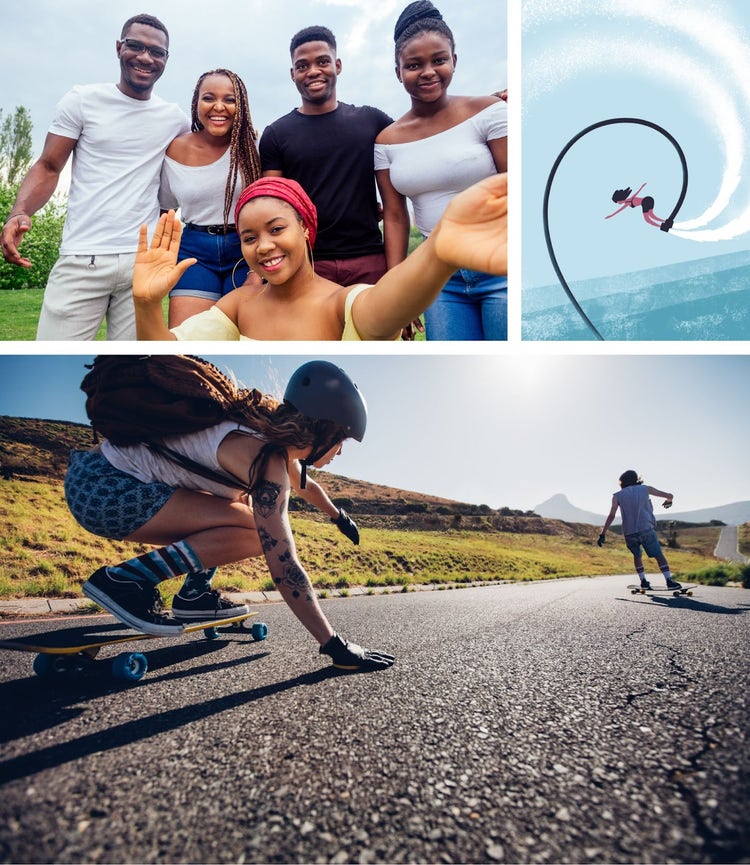 Image grid. Top left: young Black friends smile, posing outdoors in field. Top right: vector illustration. Woman doing water sports; equipment and water in spiral. Bottom: young friends skateboard on road by grass outside.