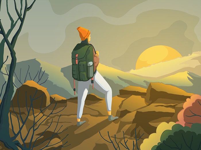 Vector illustration in gradient green and brown nature tones. From behind, girl looks at sunset while hiking in mountains and forest, wearing backpack.