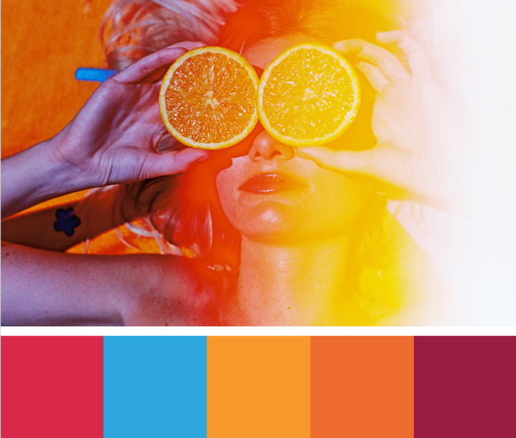 Above: neon light-leak effect on portrait of woman posing with orange halves at eyes. Below: color palette tiles (red, sky blue, tangerine, orange, burgundy).