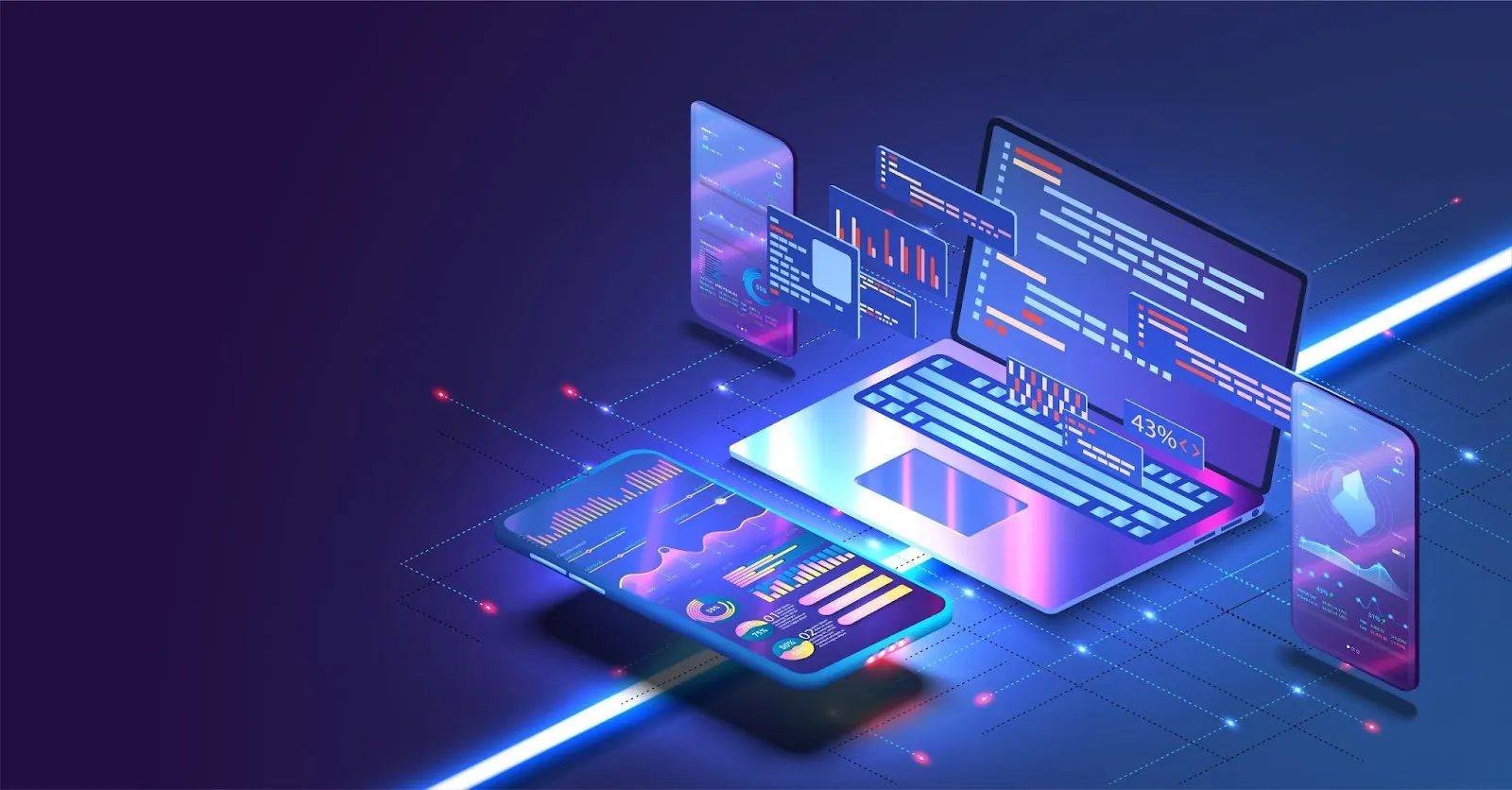 Illustration of application of Smartphone with business graph and analytics data on isometric mobile phone