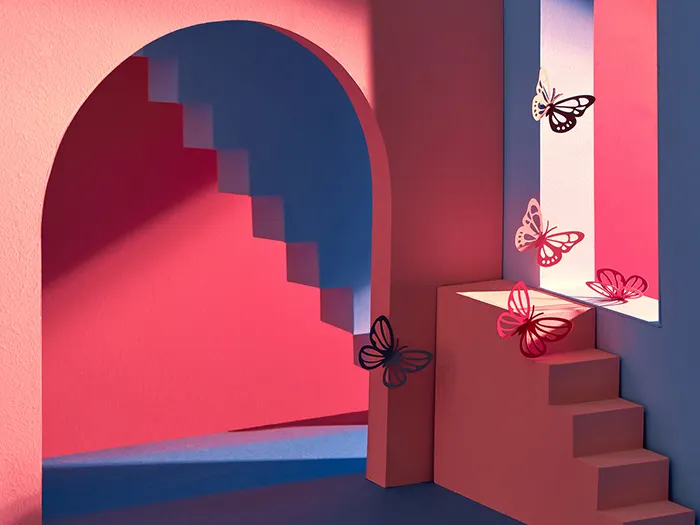 The Building style modern with butterflies on colorful background