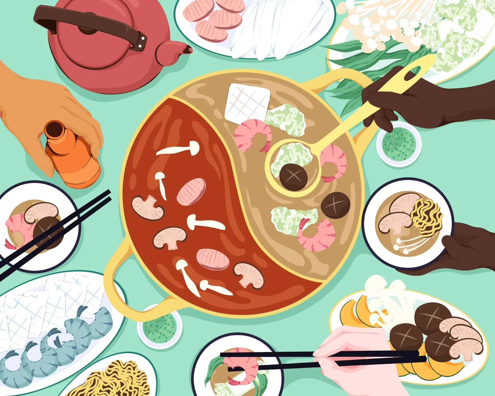 Vector illustration depicting Overhead of people eating asian seafood hotpot, by Biruoh / Adobe Stock